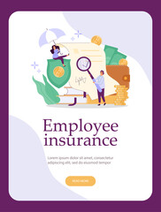 Employee insurance web banner template, happy office workers using benefits of the company, flat vector illustration.