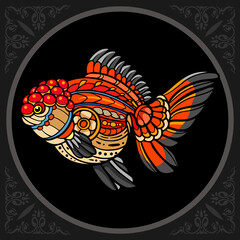 Colorful gold fish zentangle arts. isolated on black background.