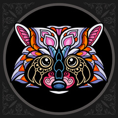 Colorful raccoon head zentangle arts. isolated on black background.