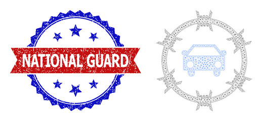 Mesh car arrest carcass illustration, and bicolor grunge National Guard seal. Mesh carcass illustration is designed with car arrest icon.