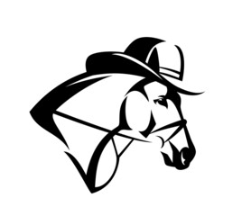 head portrait of horse wearing cowboy hat - american wild west style ranch animal black and white vector outline