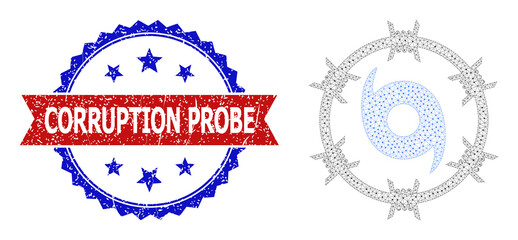 Network jail fan carcass icon, and bicolor textured Corruption Probe watermark. Polygonal carcass illustration created from jail fan pictogram.