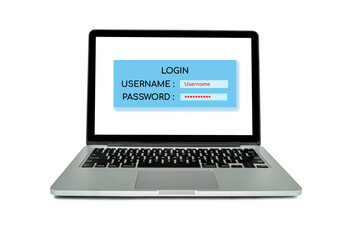 Laptop computer with a login screen, user, and password security isolated on white background.