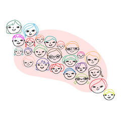 Set of contour faces of children in doodle style