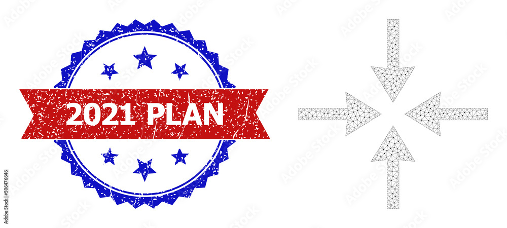Poster net meeting point framework icon, and bicolor grunge 2021 plan seal. mesh wireframe illustration is 