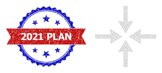 Net meeting point framework icon, and bicolor grunge 2021 Plan seal. Mesh wireframe illustration is based on meeting point icon. Vector seal with 2021 Plan title inside red ribbon and blue rosette,