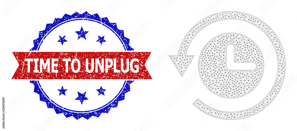 Poster polygonal time back machine model icon, and bicolor unclean time to unplug seal. polygonal wireframe