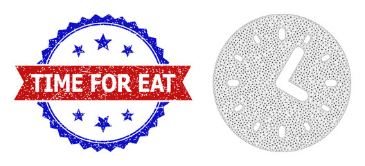 Network time carcass icon, and bicolor dirty Time for Eat watermark. Polygonal carcass symbol is designed with time icon. Vector watermark with Time for Eat text inside red ribbon and blue rosette,