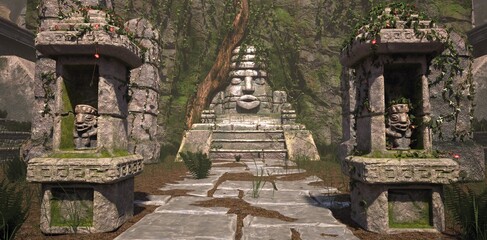 Path of stone slabs to the ancient idol in a sacred Aztec stone temple with green vegetation in a rays of bright summer sun. Beautiful natural wallpaper. 3D illustration.