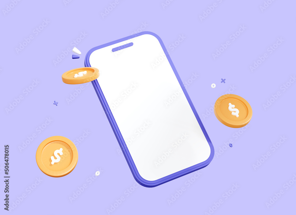 Poster 3d mobile phone with floating coins. smartphone with empty copy space and money. online payment conc