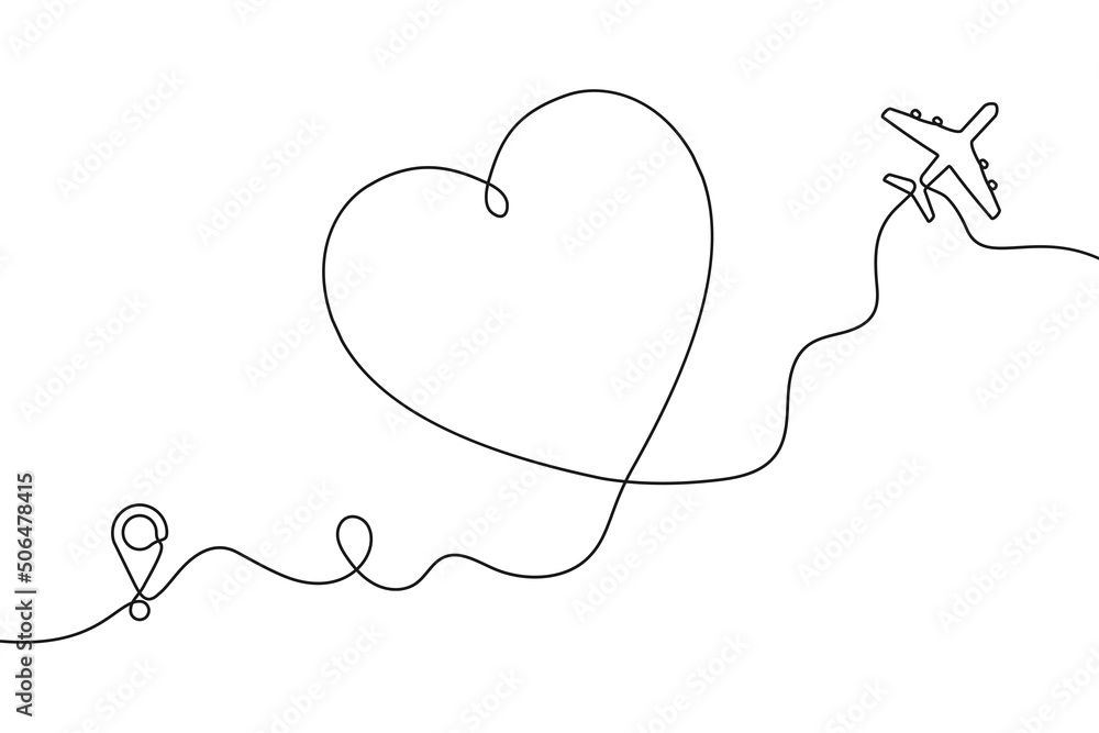 Poster Continuous one line drawing of airplane path in heart form. One single line airplane route with start point and hearted way, aircraft with heart shaped trace. Vector illustration.