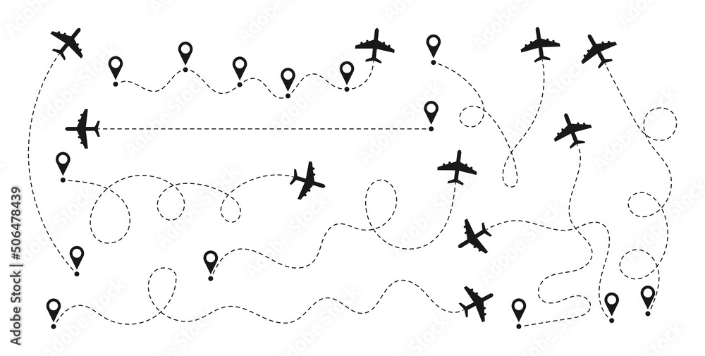 Poster Airplane paths set. Airplane routes with start points. Aircraft trace with location or map pins. Vector illustration.