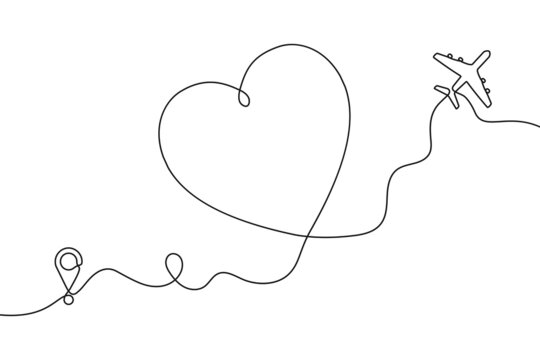 Continuous one line drawing of airplane path in heart form. One single line airplane route with start point and hearted way, aircraft with heart shaped trace. Vector illustration.