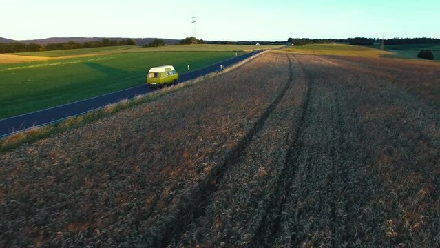 Bus journey in a oldtimer bus in the field