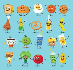 Obraz premium Cute funny food and drink characters set, best friends, funny fast food menu vector Illustrations. Flat vector illustration use for web page, card, poster, banner.