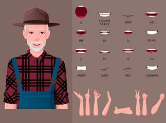 Farmer With Gray Hair Character Mouth Animation And Lip Sync With Various Hand Gestures Premium Vector