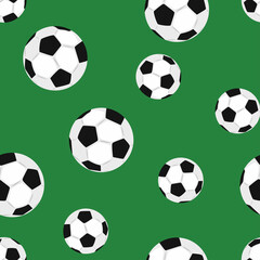 Seamless pattern with soccer balls on green. Sports background. Vector illustration in cartoon flat style.