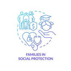 Families in social protection blue gradient concept icon. Social protection and support activity abstract idea thin line illustration. Isolated outline drawing. Myriad Pro-Bold font used