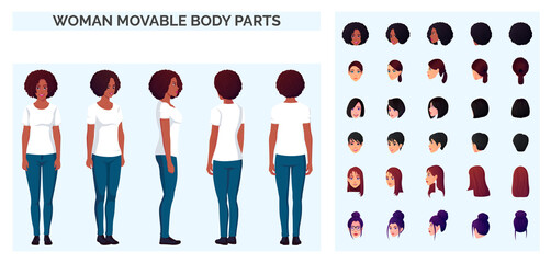 Cartoon Character creation with a Woman Wearing Casual White T-shirt and Blue Jeans, Front, Back and Sideview multicultural Set .