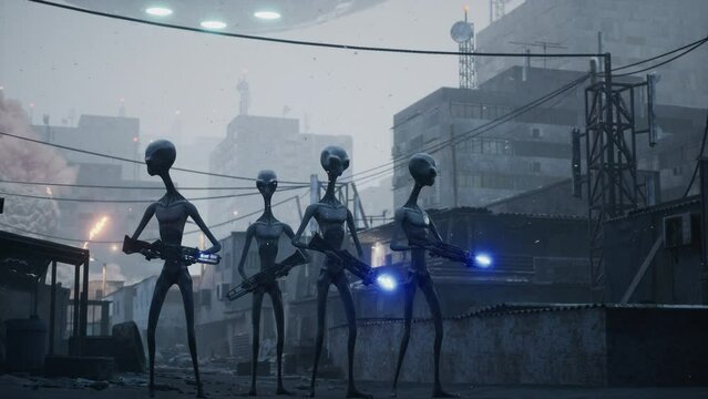 Alien invaders from deep space with energy weapons have landed in the city. Apocalyptic atmosphere of a planet being destroyed. The animation is perfect for apocalyptic, sci-fi and space backgrounds.