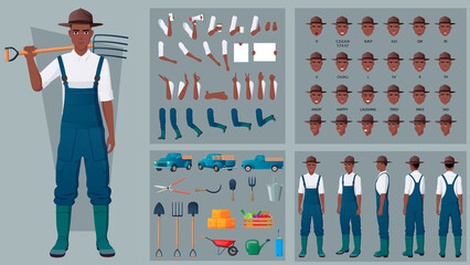 Male Farmer Character Creation Set with Tools, Emotions, gestures, lip-sync, pickup truck Premium Vector - obrazy, fototapety, plakaty