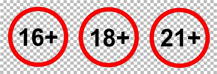 Age restriction icons set 
+ 18, +16, +21 years old. Sign censorship, permission by year. Vector isolated illustration.	