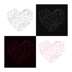 Set of line illustrated hearts of flowers for cards