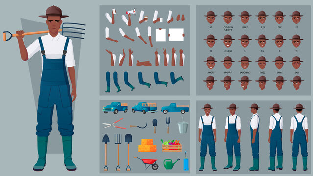 Male Farmer Character Creation Set with Tools, Emotions, gestures, lip-sync, pickup truck Premium Vector