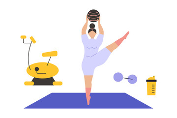 Woman in gym. Female character training, girl athlete in sportswear on mat, doing sport exercises, Home workout and yoga, dumbbells and ball, healthy lifestyle concept vector illustration