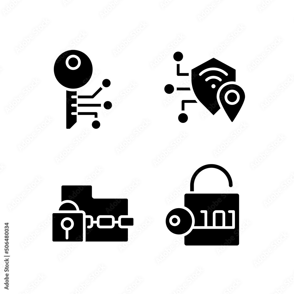Poster encryption technologies black glyph icons set on white space. ransomware. data decryption. cryptogra