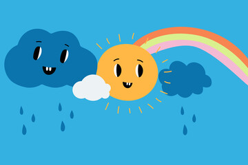 Sun and clouds with funny smiling faces. Rainy weather. Cloudy blue sky. Sunshine and rainbow. Summer storm. Meteorology forecast. Rainfall with sunlight. Vector cute day cloudscape