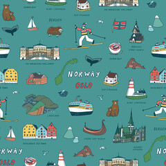 Norway Oslo architecture objects, travel vector illustrations set 