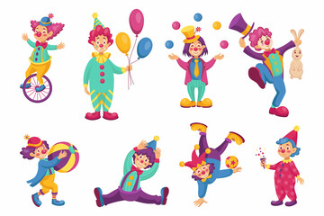 Circus clown. Carnival characters. Juggling man with joker face and bright costume. Mime or jester performance. Festival artists show tricks with ball and wheel. Vector illustration set - obrazy, fototapety, plakaty