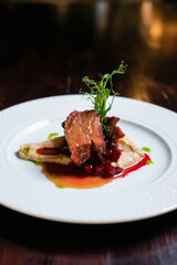 Meat baked with sauce. Restaurant menu design concept.