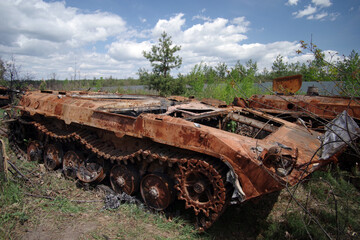 Russian IFV was destroyed by the Ukrainian army. Selective focus.