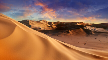 Panorama of sand dunes Sahara Desert at sunset. Endless dunes of yellow sand. Desert landscape Waves sand nature - obrazy, fototapety, plakaty