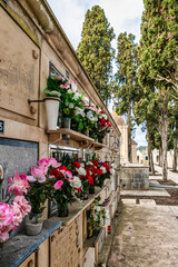 Fototapeta na wymiar Große Urnenwand mit vielen Blumen geschmückt Friedhof auf Spaniens Insel Mallorca