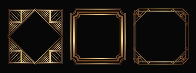 Vector gold frames collection. Isolated Art Deco outline borders with empty space. Line art fancy template