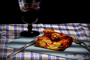 Italian lasagna and wine