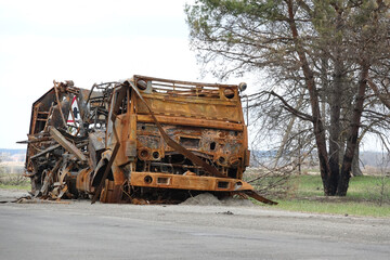 An army truck was blown up. The supply vehicle burned down. War in Ukraine.