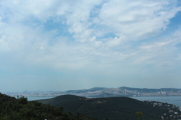 Istanbul Islands, island landscapes, seagulls, cargo ships and sailboats in the sea, black-winged seagulls soaring from the sky, Adalar Istanbul Turkey