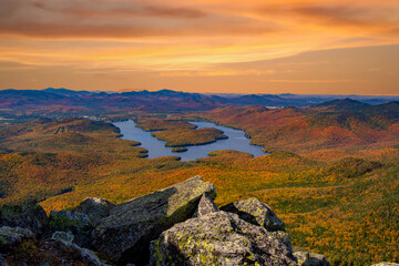 A view of Lake Placid on a sunny autumn day as seen by looking south west from the summit of Whiteface Mountain in Adirondack National Park, Upper New York