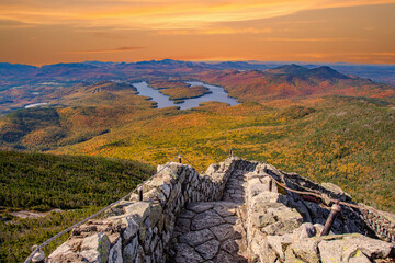 A view of Lake Placid on a sunny autumn day as seen by looking south west from the summit of Whiteface Mountain in Adirondack National Park, Upper New York