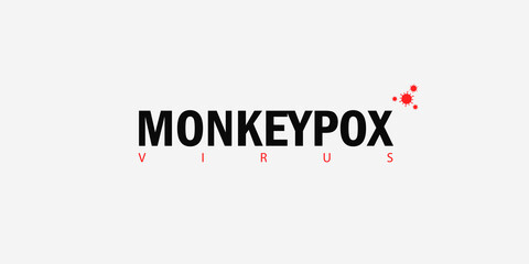 Banner with white background and text in black Monkeypox Virus and with a small red virus icon. The concept of a new monkey pox virus.  illustration.