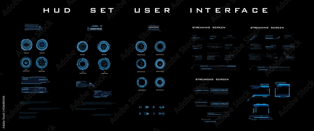 Poster set modern dialog hud interface elements. streaming panel with screens, dialogue callouts, pointer a