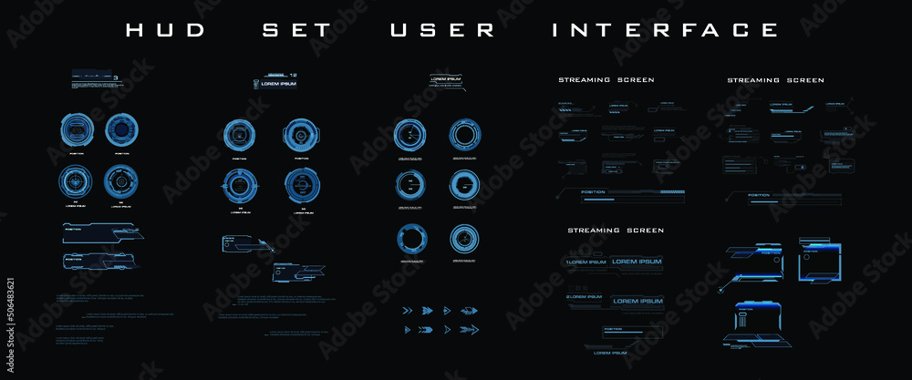 Poster set modern dialog hud interface elements. streaming panel with screens, dialogue callouts, pointer a