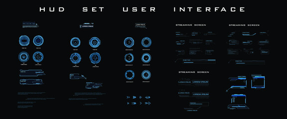 Set modern dialog HUD interface elements. Streaming panel with screens, dialogue callouts, pointer arrows. Modern digital panel for pc. Holographic elements for the HUD interface © PALERM089