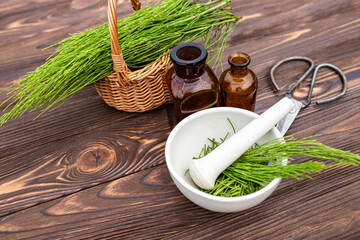 Fresh horsetail in a pharmacy mortar with a pestle on a wooden table. Collection of medicinal herbs...