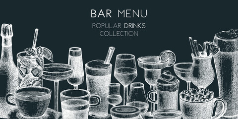 Hand-sketched drinks banner design. Vector sketches of popular beverages in elegant glasses. Popular drinks vintage hand-drawings. Bar or restaurant menu template isolated on chalkboard