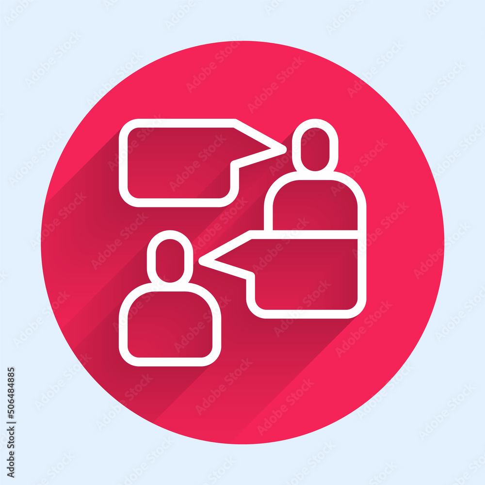 Poster white line two sitting men talking icon isolated with long shadow. speech bubble chat. message icon.